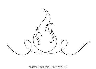 Feuersymbol in durchgehender einzeiliger Zeichnung mit minimalistischem Stil, einzelne Umrissgrafik