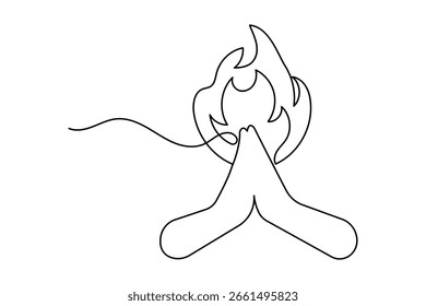 Fire icon in continuous one line drawing with minimalist style isolated outline illustration design
