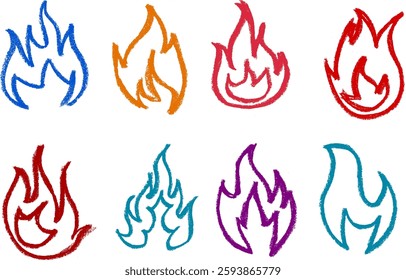 Fire Icon Crayon Chalk Drawing Vector Set