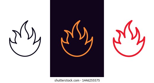 Fire icon with different stroke thickness, Flame. Set of isolated burning Fire in outline style. Graphic sign, element and symbol. Vector silhouette illustration