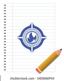 fire icon draw (pen strokes). Blue ink. Vector Illustration. Detailed.