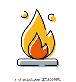 Icono de fuego con llamas amarillas y naranjas con contornos negros, que simbolizan conceptos de calor, energía, calor y situaciones peligrosas en una ilustración gráfica simple
