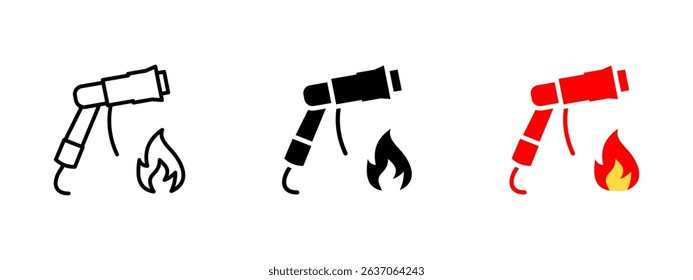 Fire icon. Firefighter extinguisher hose spraying flame vector illustration. Emergency rescue and fire suppression equipment symbol. Safety and hazard protection concept sign. Firefighting pictogram.