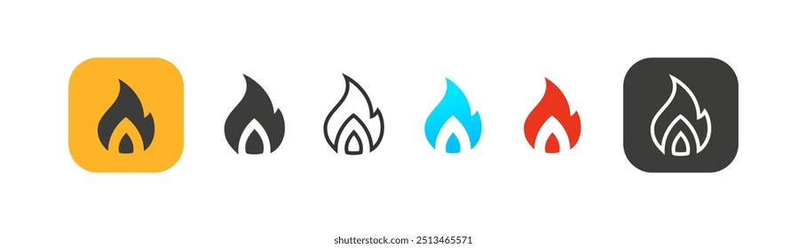 Icono de fuego. Llama, peligro, fogata, chimenea, leña, alarma, gas. Línea, conjunto de iconos de Vector de color plano aislado.