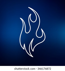 Fire icon. Flame sign. Fiery symbol. Thin line icon on blue background. Vector illustration.