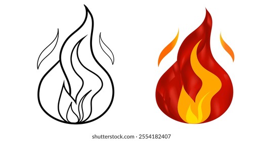 Fire icon. Flammable symbol icon on white background. Vector Fire Flame Isolated Icon Set. Campfire, Bonfire, Flame Sign, Front View. Flat logo isolated symbol. Vector Illustration. Vector icon.