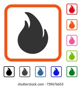 Fire icon. Flat grey pictogram symbol in an orange rounded squared frame. Black, gray, green, blue, red, orange color additional versions of Fire vector. Designed for web and software interfaces.