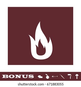 Fire icon flat. White pictogram on brown background. Vector illustration symbol and bonus icons