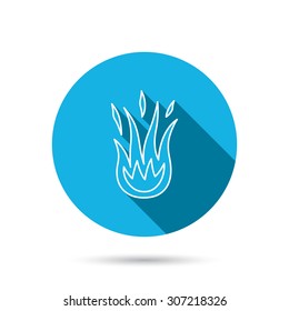 Fire icon. Hot flame sign. Blue flat circle button with shadow. Vector