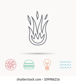 Fire icon. Hot flame sign. Global connect network, ocean wave and burger icons. Lightbulb lamp symbol.