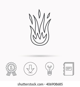 Fire icon. Hot flame sign. Download arrow, lamp, learn book and award medal icons.