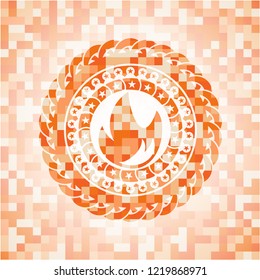 fire icon inside abstract emblem, orange mosaic background