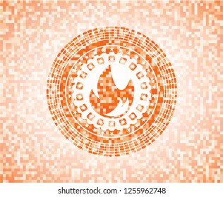 fire icon inside abstract emblem, orange mosaic background