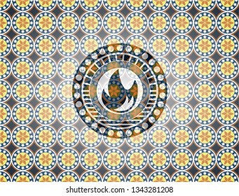 fire icon inside arabesque badge background. arabic decoration.