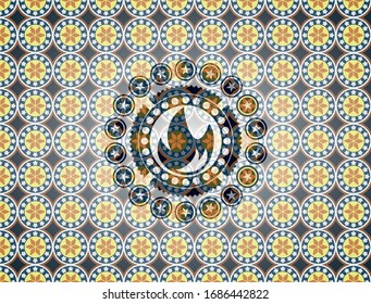 fire icon inside arabesque badge background. arabic decoration.