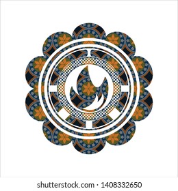 fire icon inside arabic badge background. Arabesque decoration.
