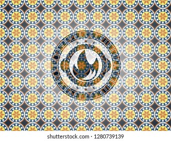 fire icon inside arabic emblem background. Arabesque decoration.