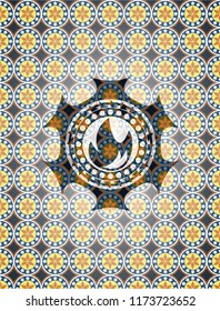 fire icon inside arabic style badge. Arabesque decoration.