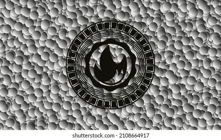 fire icon inside black badge with bubbles background. Vector Illustration. Detailed. 