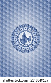 fire icon inside blue badge with geometric background. 