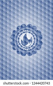fire icon inside blue emblem with geometric pattern background.
