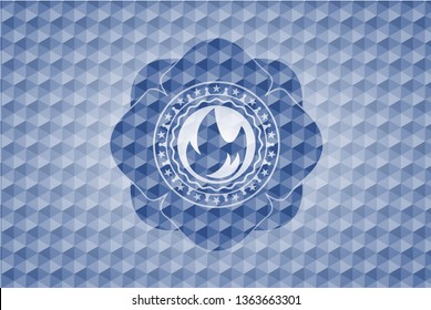 fire icon inside blue emblem or badge with geometric pattern background.