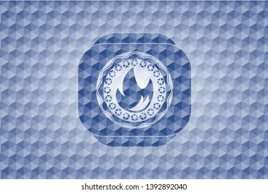fire icon inside blue emblem or badge with abstract geometric polygonal pattern background.