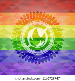 fire icon inside emblem on mosaic background with the colors of the LGBT flag