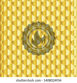 fire icon inside gold badge or emblem. Scales pattern. Vector Illustration. Detailed.