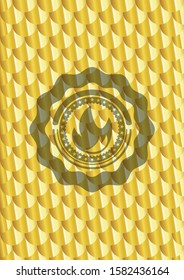 fire icon inside gold emblem. Scales pattern. Vector Illustration. Detailed.