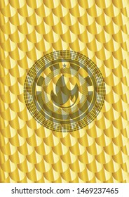 fire icon inside gold shiny badge. Scales pattern. Vector Illustration. Detailed.