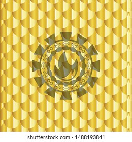 fire icon inside gold shiny badge. Scales pattern. Vector Illustration. Detailed.