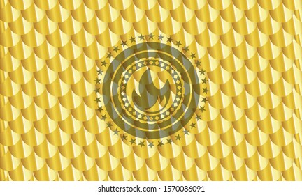 fire icon inside golden emblem. Scales pattern. Vector Illustration. Detailed.