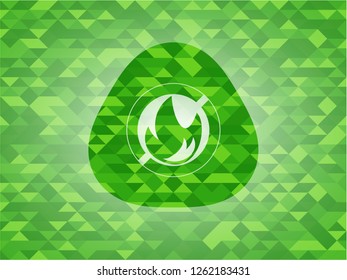 fire icon inside green emblem. Mosaic background