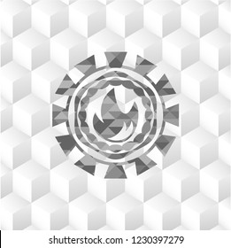 fire icon inside grey badge with geometric cube white background