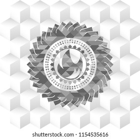 fire icon inside grey icon or emblem with geometric cube white background