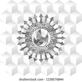 fire icon inside grey emblem. Vintage with geometric cube white background