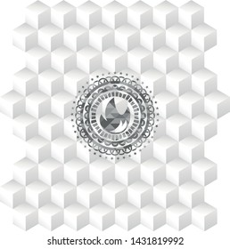 fire icon inside grey emblem. Retro with geometric cube white background
