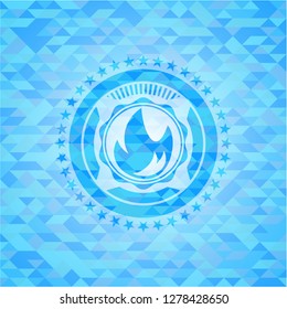 fire icon inside light blue emblem with mosaic ecological style background