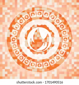 fire icon inside orange tile background illustration. Square geometric mosaic seamless pattern with emblem inside.