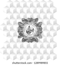 fire icon inside realistic grey emblem with geometric cube white background