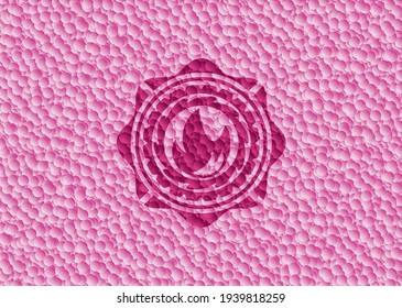 fire icon inside realistic pink emblem with bubbles background. Vector Illustration. Detailed. 