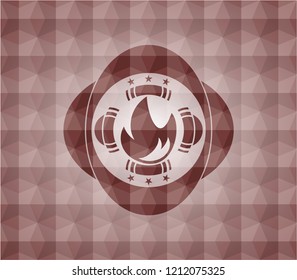 fire icon inside red emblem with geometric pattern. Seamless.
