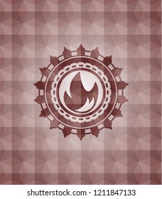 fire icon inside red seamless emblem or badge with abstract geometric pattern background.