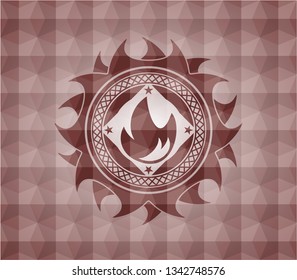 fire icon inside red seamless emblem or badge with abstract geometric polygonal pattern background.