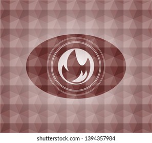 fire icon inside red seamless geometric pattern emblem. Seamless.