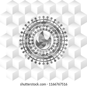 fire icon inside retro style grey emblem with geometric cube white background