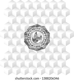 fire icon inside retro style grey emblem with geometric cube white background