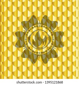 fire icon inside shiny golden badge. Scales pattern. Vector Illustration. Detailed.