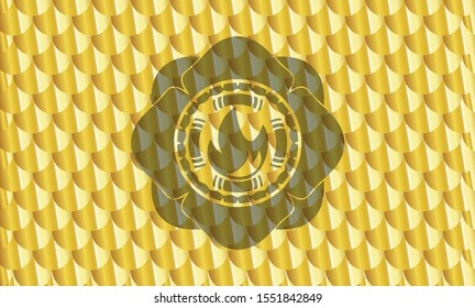 fire icon inside shiny golden emblem. Scales pattern. Vector Illustration. Detailed.